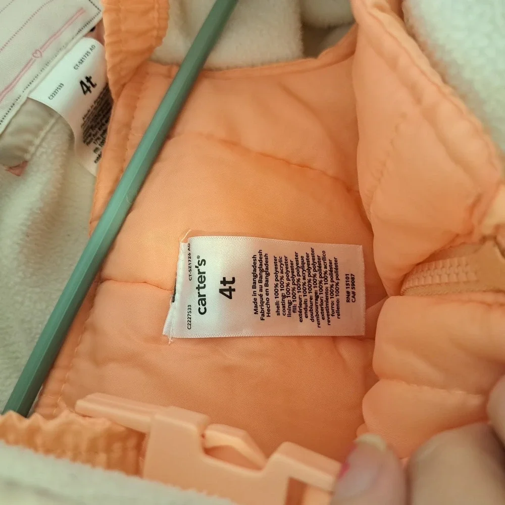 Carters Girls 4T Floral Puffer Jacket and Peach Snow Bibs 2 Piece Snowsuit Set
